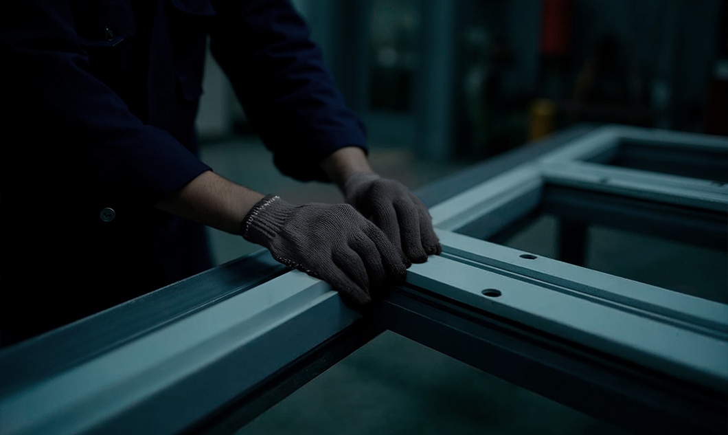 Manos de operario montando una ventana